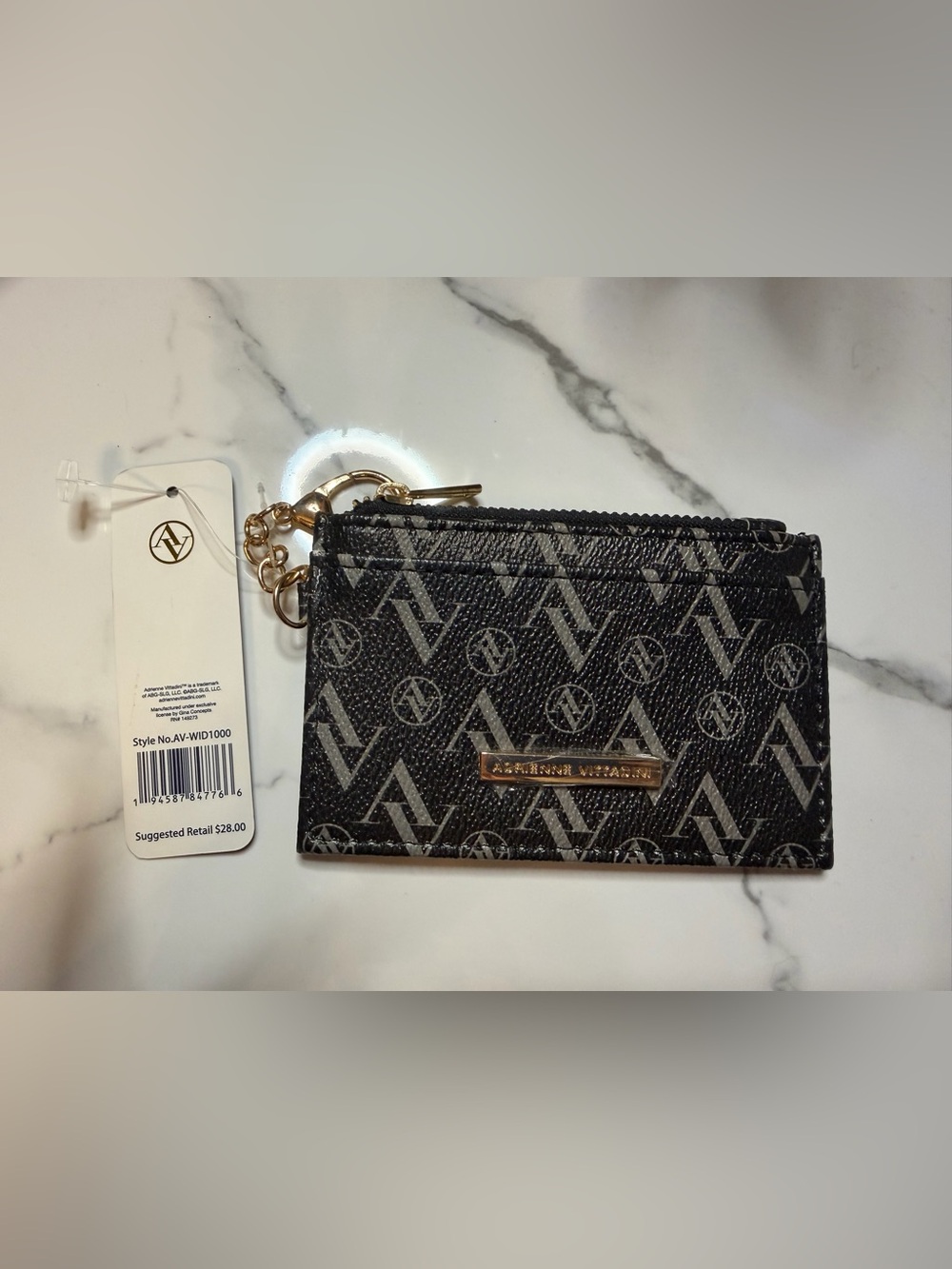 Adrienne Vittadini Black Monogram Zip Card Holder with Gold Keyring